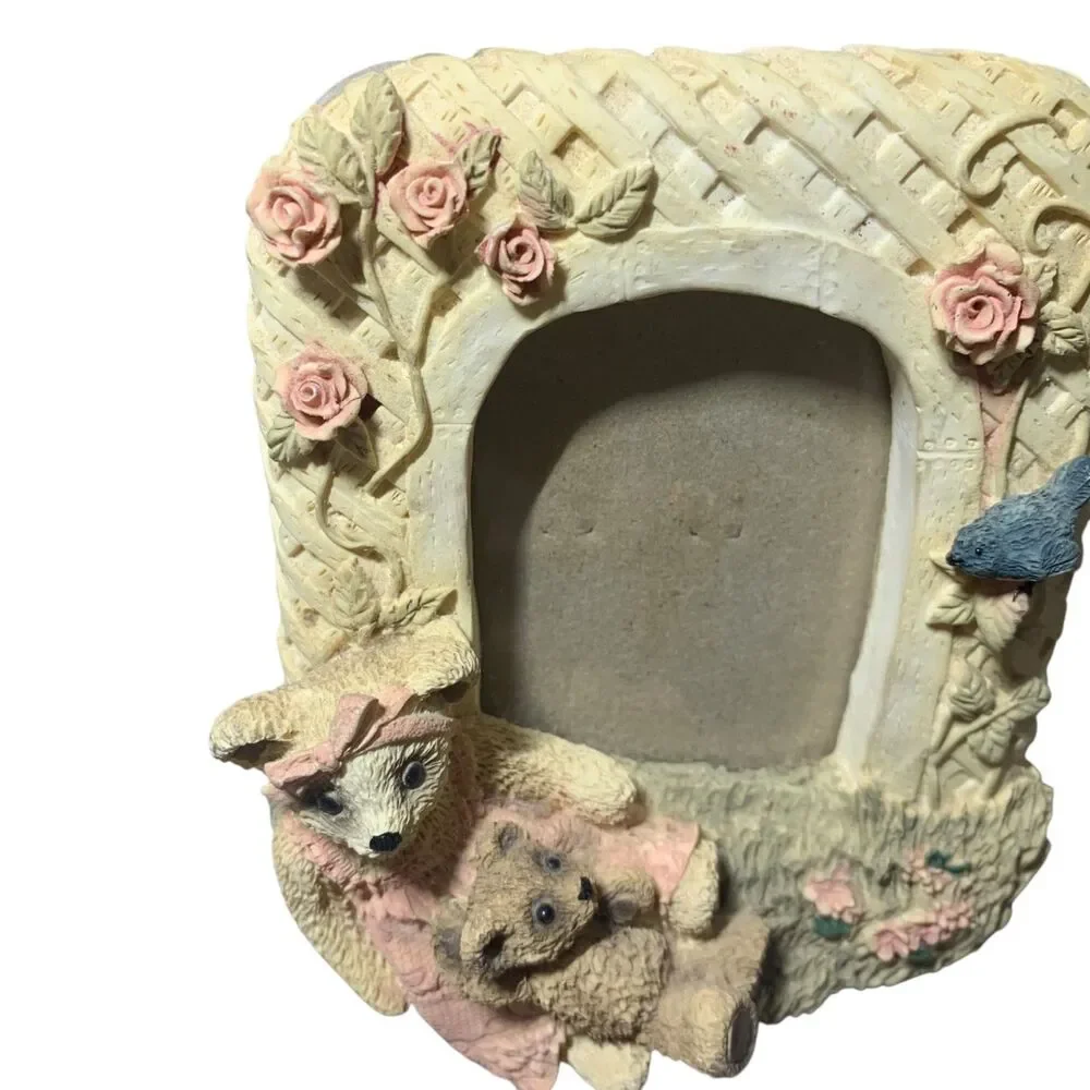 Vintage Mom and Baby Bear Resin 3D Photo Frame Roses Trellis Cottagecore Nursery